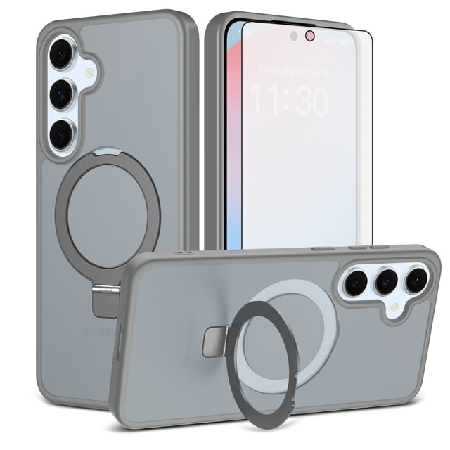 Asuwish Phone Case for Samsung Galaxy S24 FE 5G Tempered Glass Screen Protector Magnetic Folding Stand Frosted Translucent Rugged Shockproof Protective Cell Cover S 24 EF AI S24FE 24S Women Men Gray