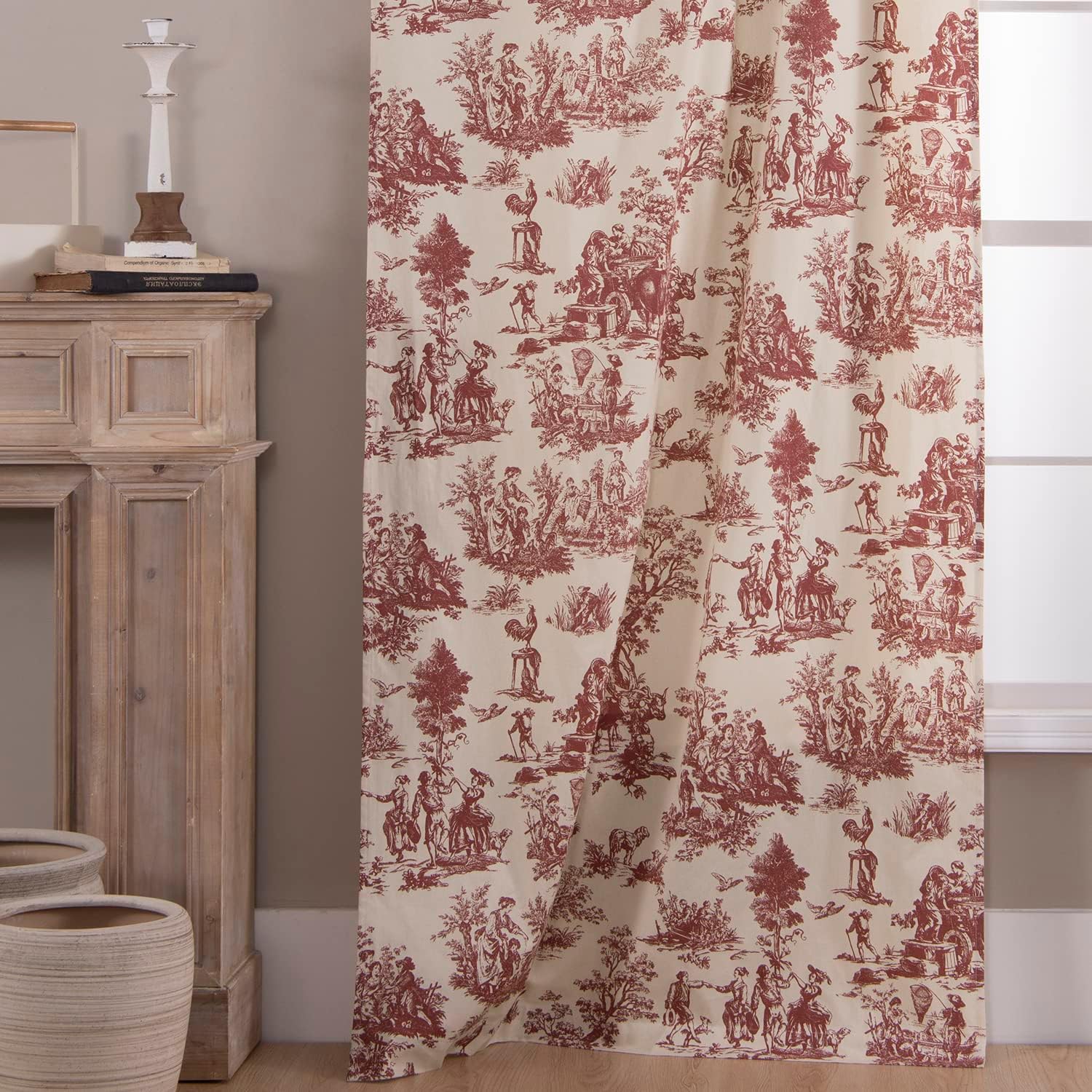 Cream Curtains 63 Inch Length for Bedroom 2 Panels with Farmhouse Red Design Accents Room Decor Paris Toile Farm Cottage Core Wine Maroon Tradtional Flower Sheer Drapes for Living Room 63 Inches Long