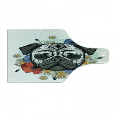 Pug Cutting Board, Head of a Dog Surrounded by Lively Spring Flowers Daisies and Puppies Sketch Art Print, Decorative Tempered Glass Cutting and Serving Board, in 3 Sizes, by Ambesonne