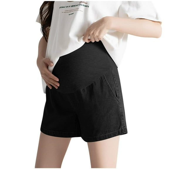 breaise Womens Maternity Shorts Over Belly Pregnancy Denim Shorts High Waist Lounge Workout Jeans Short with Pockets M Black