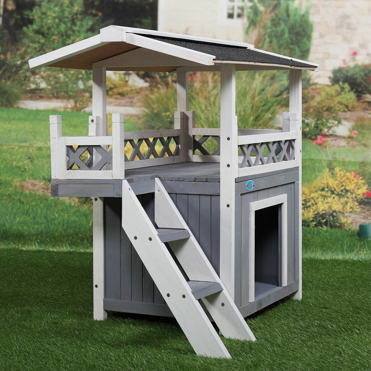 Lowestbest Dog House, Natural Wooden Dog House Home with Steps Balcony Puppy Stairs, Outdoor Weather-Resistant Cat Condo Pet House Lowestbest Dog House, Natural Wooden Dog House Home with Steps Balcony Puppy Stairs, Outdoor Weather-Resistant Cat Condo Pet House