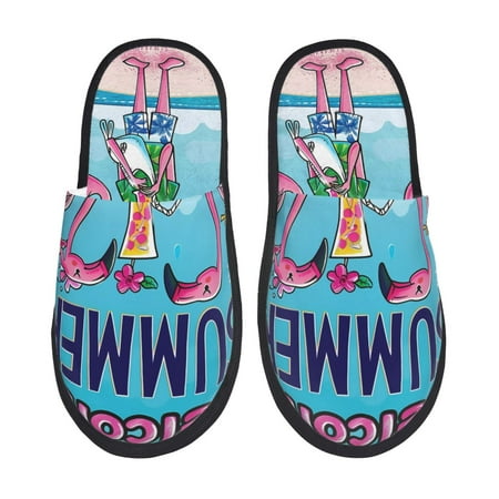 Balery Beach Flamingo Trio Slient Indoor Furry Fleece Comfort House Shoes Soft Non-Slip Home Shoes Cotton slippers House Slippers-- Large