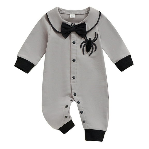 Halloween Baby Boy Romper Long Sleeve Jumpsuit Soft Gentleman Embroidery Outfit Toddler Playwear Comfortable Casual Fall Clothes 0-3 Months Grey