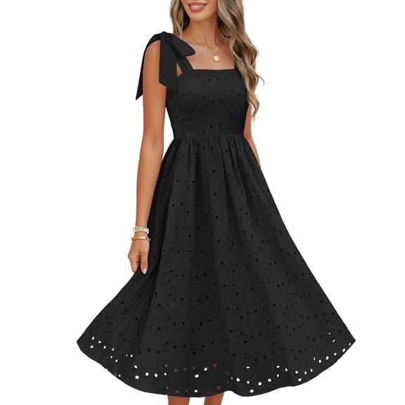 Merokeety Womens Summer Dresses Square Neck Flowy Casual Sundress Black l