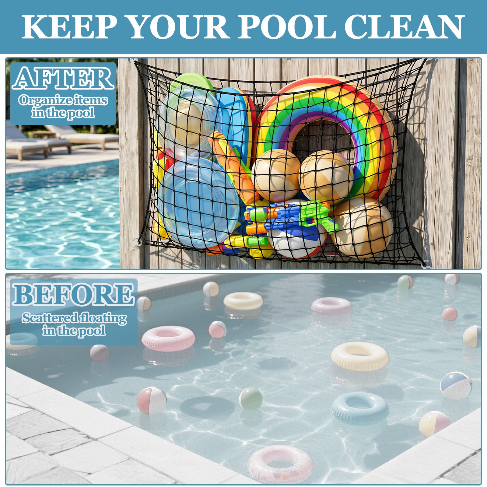 Grusce Pool Float Net Storage Bag, 71" x 45" Large Hanging Pool Toy Storage Mesh Net, Adjustable Poolside Fence Organizer for Swimming Ring Balls Inflatables with 10 Hooks & 10 Cable Ties