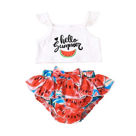 

YWDJ 3-18 Months Outfit Sets for Girls Summer Girl Flying Sleeve Top Bow Watermelon Ruffled Shorts Set Red 9-12 Months