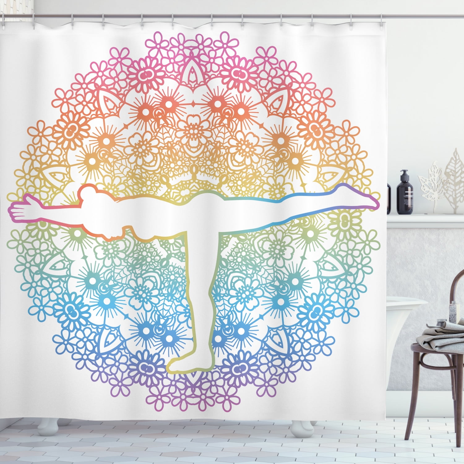 Yoga Shower Curtain, Woman Doing Warrior 3 Pose Virabhadrasana on