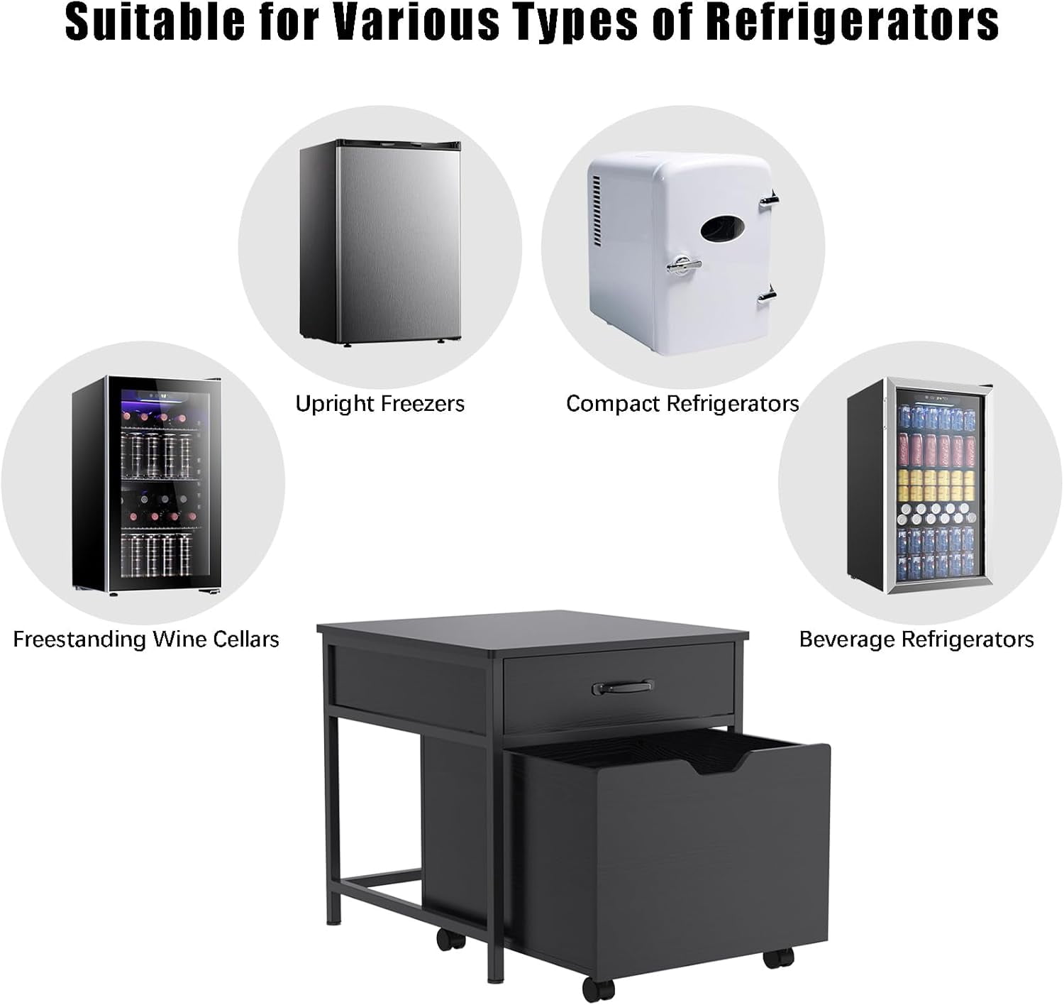 Mini Fridge Stand with Storage, Heavy Duty Mini Fridge Table with Rolling Cabinet 220LBS Capacity Tabletop for Dorm, Apartment,Office, Bedroom
