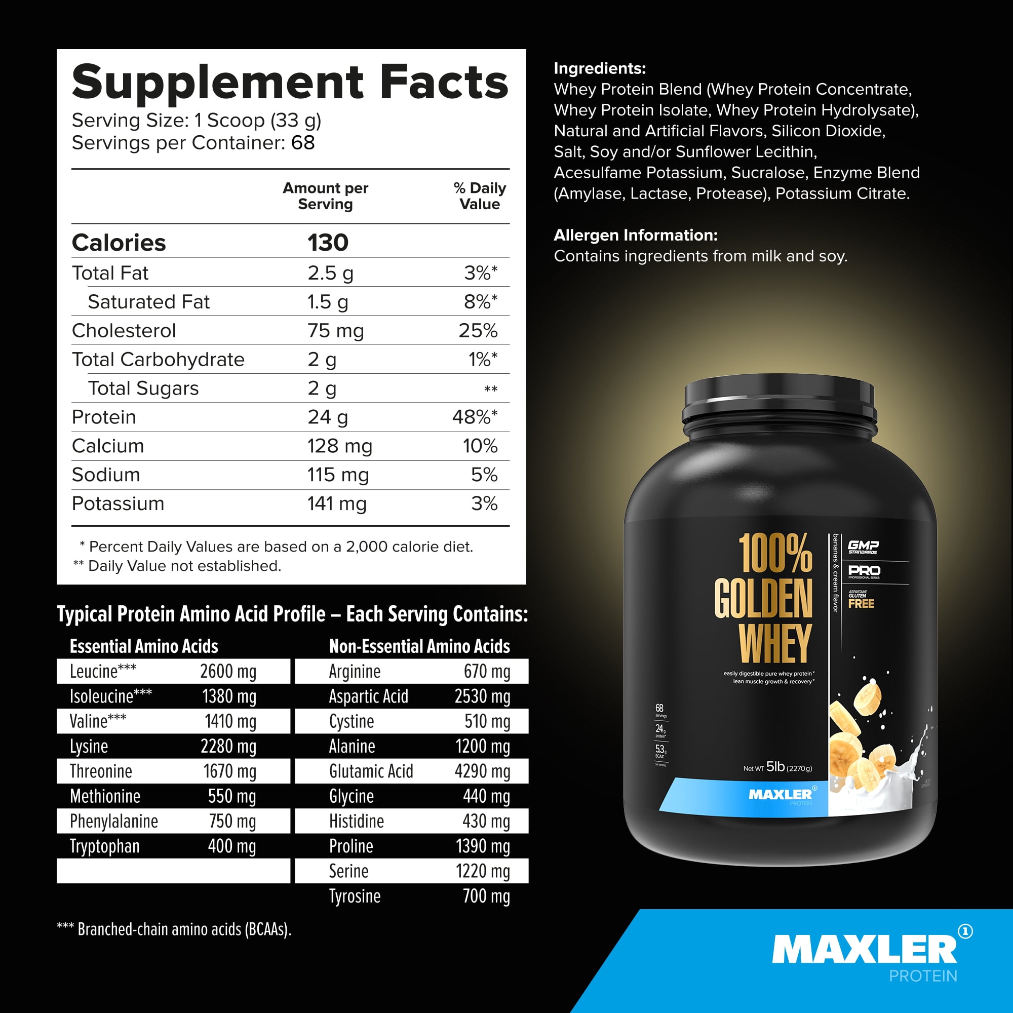Maxler 100% Golden Whey Protein Powder - Bananas & Cream 5 lb