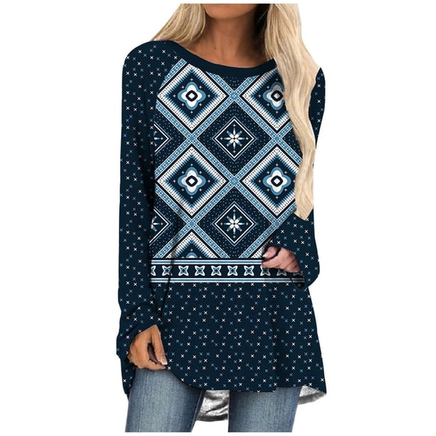 Mujeres Casual Tribal Wind Impreso Manga larga O-cuello Pullover Blusa Camiseta Tops Pompotops FGAJ1367