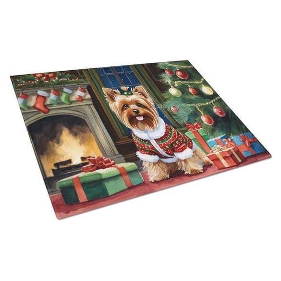 0.2 x 15 x 12 in. Yorkshire Terrier Cozy Christmas Glass Cutting Board, Large