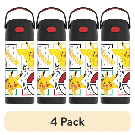 (4 pack) Thermos Kids Stainless Steel Funtainer Water Bottle with Straw, Dishwasher Safe, Leak Proof, Pokemon, 14 Fluid Ounces