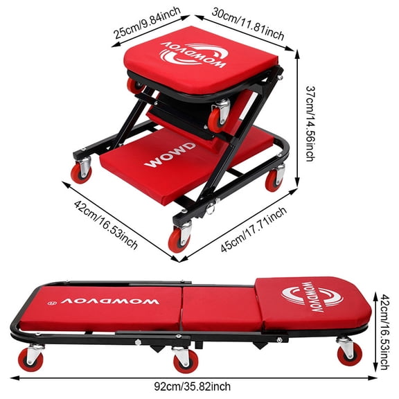 2-in-1 Foldable Z-Shape Auto Creeper Seat, 500/300lbs Load, Six 2.6" Wheels, Max 500lbs. Adjustable Caster Garage Repair Chair, Great Gift for Men