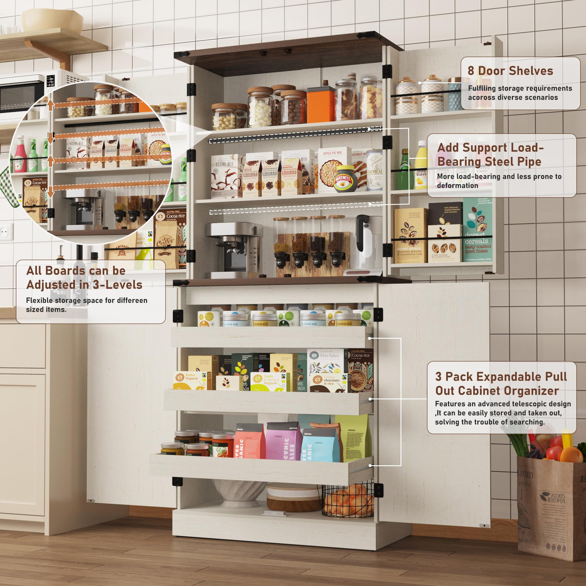 ChVans Farmhouse 71" Tall Kitchen Pantry with 6 Hanging Shelves, 4 Barn Doors Pantry Storage Cabinet with 3 Drawers & Load-Bearing Steel Pipe for Kitchen, Dining Room, Living Room, Rustic White