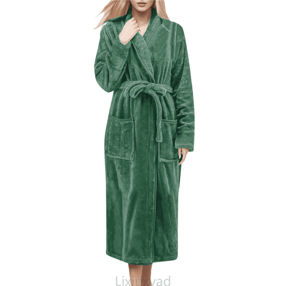 Lixiuxyad Soft Fleece Bathrobe For Cozy Long Sleeve Shawl Collar Kimono Robe With Belt Winter Warm Loungewear Womens Pajama Sets L
