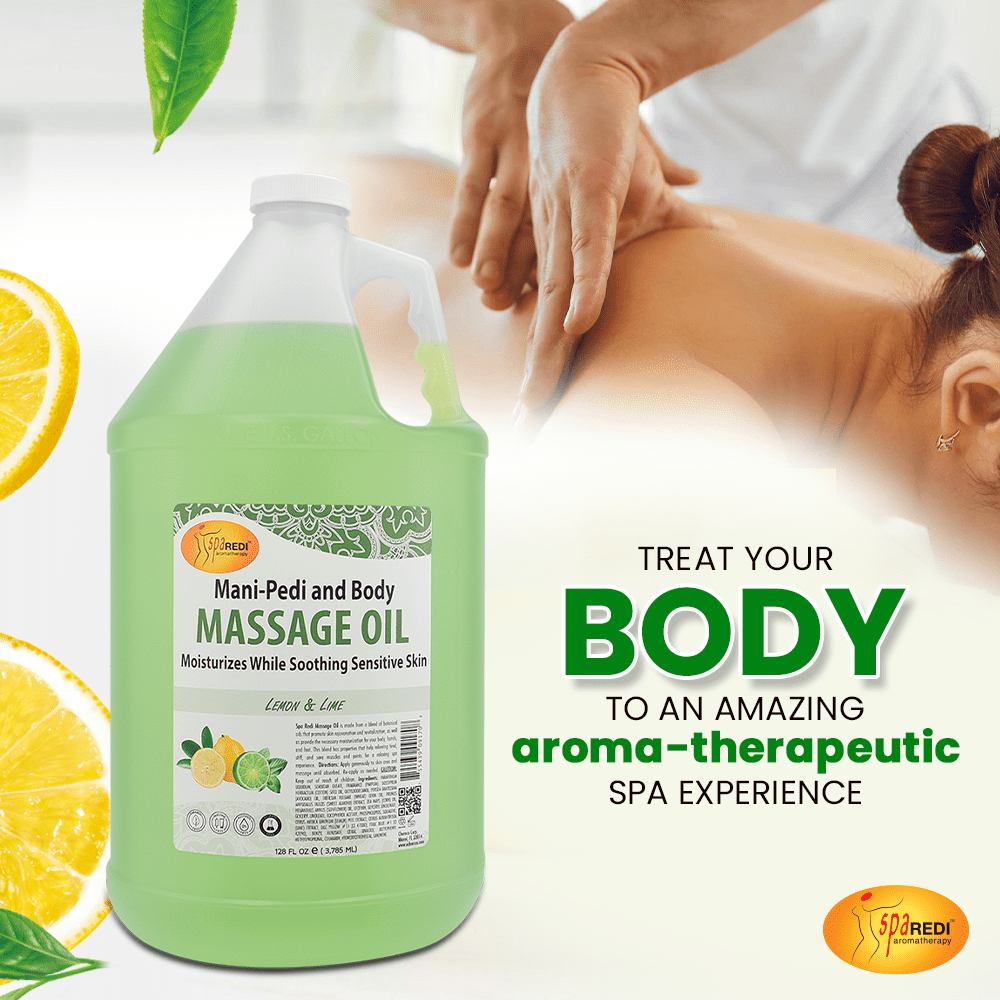 SPA REDI - Massage Oil, Lemon and Lime, 128 Oz - Professional Pedicure, Manicure, Full Body Massage Therapy, with Almond Oil, Cotton Seed Oil, Sunflower Oil, Avocado Oil, Essential Oils, Vitamin E