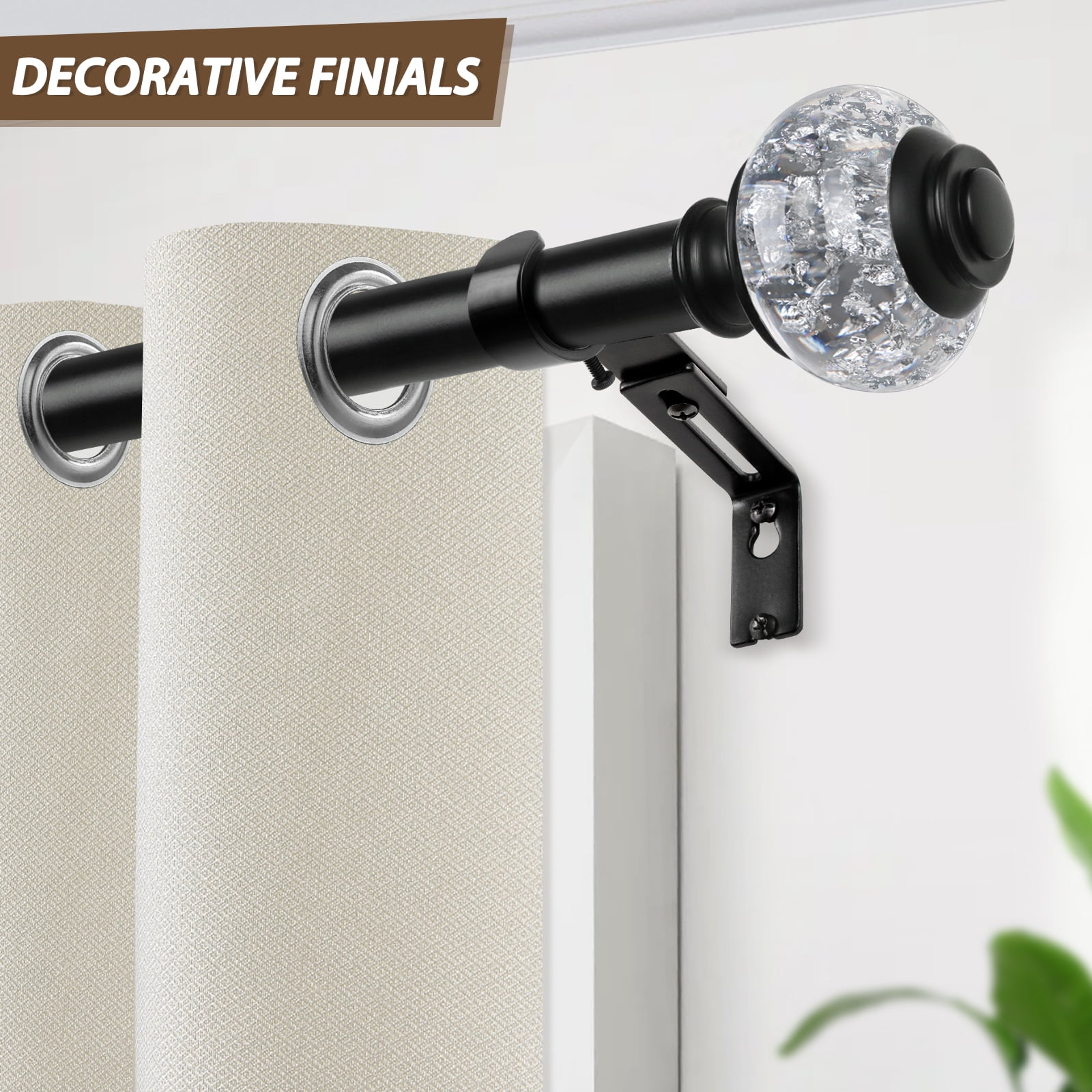 KAMANINA 7/8" Adjustable Single Curtain Rod with Translucent Finial, 28 - 48", Black