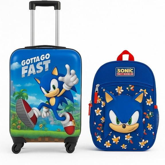 Sonic the Hedgehog Kids Luggage and Backpack Set - 18" Luggage Suitcase With Wheels, 13.75" Backpack