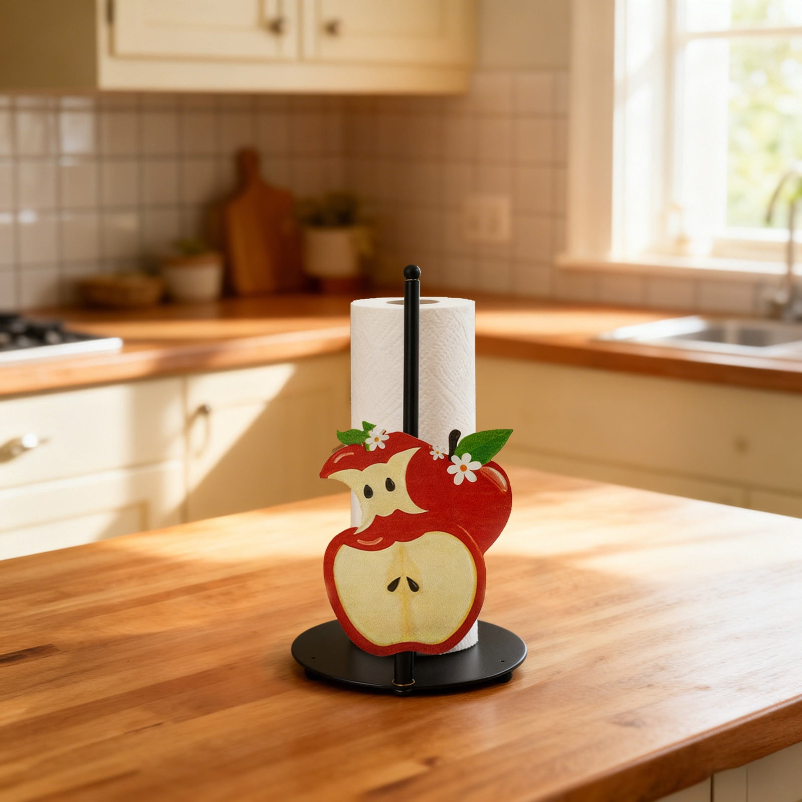 AFACUHX Apple Pattern Metal Paper Towel Holder Cute Countertop Kitchen Decor Farmhouse Large Weighted Tissue Stand for Bathroom Dining (2PC)