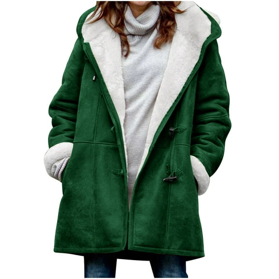 Patlollav Women's Winter Plus Velvet Coat Long Sleeve Horn Buckle Pocket Overcoat