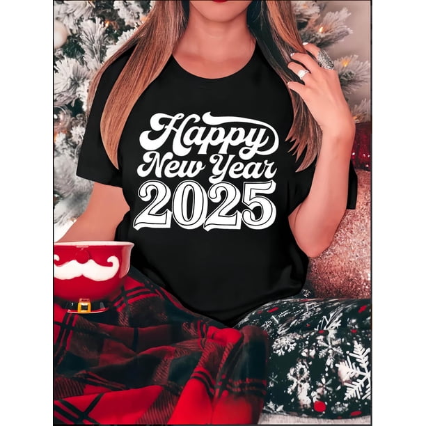Camiseta gráfica "Feliz Año Nuevo" para mujer, 51,43 metros - Cuello redondo informal, manga corta, cómoda mezcla de algodón, ideal para el verano y para el tiempo libre.