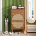thumbnail image 2 of Hassch Rattan Shoe Cabinet, Entryway Shoe Cabinet with 2 Flip Drawers and Top Small Drawer, Boho Wooden Shoe Organizer Cabinet, for Entrance, Hallway, Walnut, 2 of 10