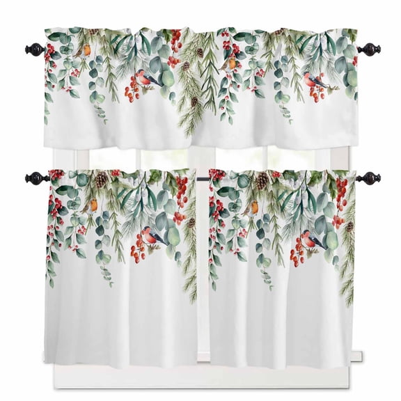 Winter Floral Kitchen Curtains and Valances Set, Christmas Eucalyptus Leaves Red Berry Rod Pocket Window Valance 18 Inch Window Curtain Panels for Living Room Bedroom Laundry, 27.5x36in, 3 Pieces