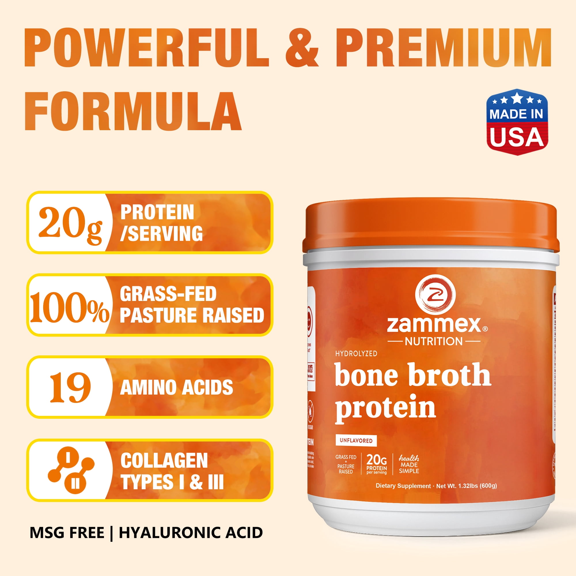 Zammex Grass Fed Beef Bone Broth Powder Protein Supplement, Hydrolyzed Collagen Peptides I & III for Skin & Joint Health, Keto Paleo, 1.32lb, Natural Flavor