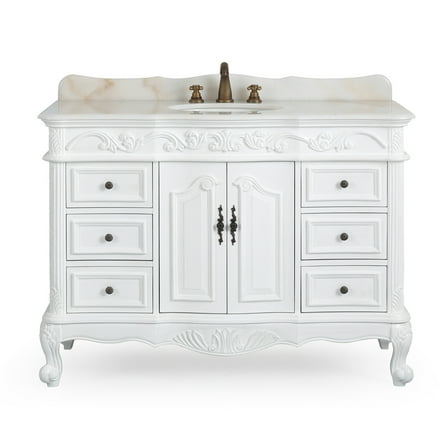 Benton Collection 42" Traditional Antique White Bathroom Vanity with White Marble Top