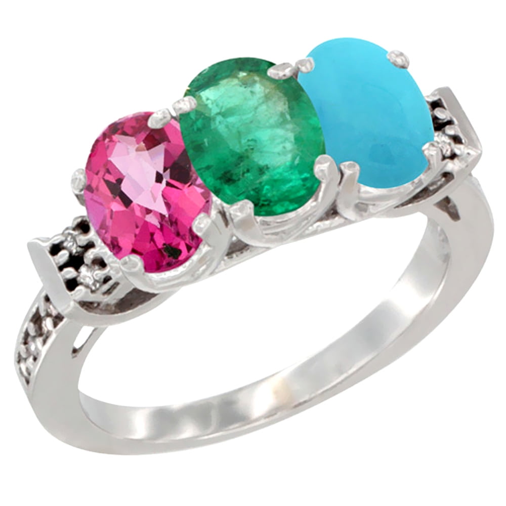 14K White Gold Natural Pink Topaz, Emerald & Turquoise Ring 3-Stone Oval 7x5 mm Diamond Accent, sizes 5 10 by WorldJewels