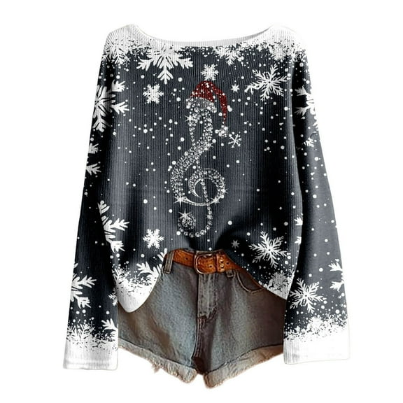 Fiaer Christmas Long Sleeve T Shirts for Women Oversized Snowflake Xmas Tshirts Loose Fit Casual Fashion Holiday Tops Navy XL