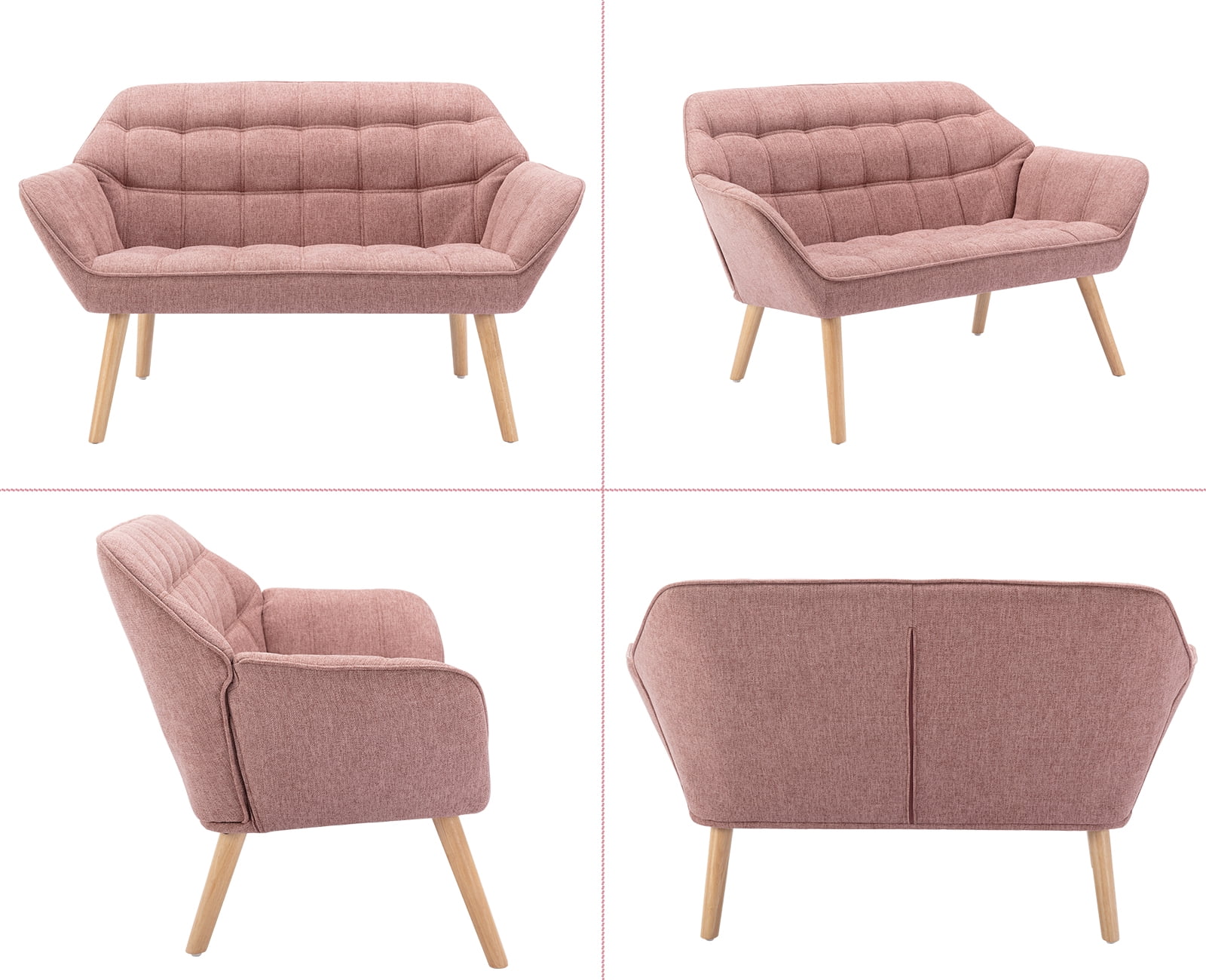 Guyou Small Loveseat Sofa, Modern Linen 2-Seater Mini Sofa Couch with Quilted Back and Armrests, Cute Accent Chair with Wooden Legs for Living Room Bedroom Apartment, Pink