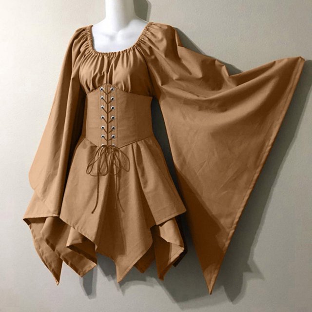 TopLLC Robe à Manches Longues Col Rond Hauteur Genou Costumes Gothiques Rétro Robe Corset à Manches Longues Robe à Manches Longues Col Rond Hauteur Genou Robe pour Femmes