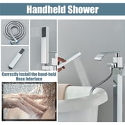 Chrome Floor Mounted Bathtub Faucet Free Standing Tub Filler W/Hand Sprayer