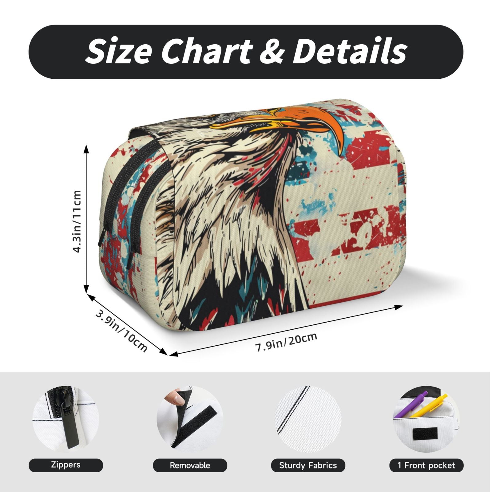 Rateoe Retro American Eagle Pattern Double Clamshell Pen Case, Storage Organizer with Two Zipper Compartments– Holds Up to 50 Pencils & Pens