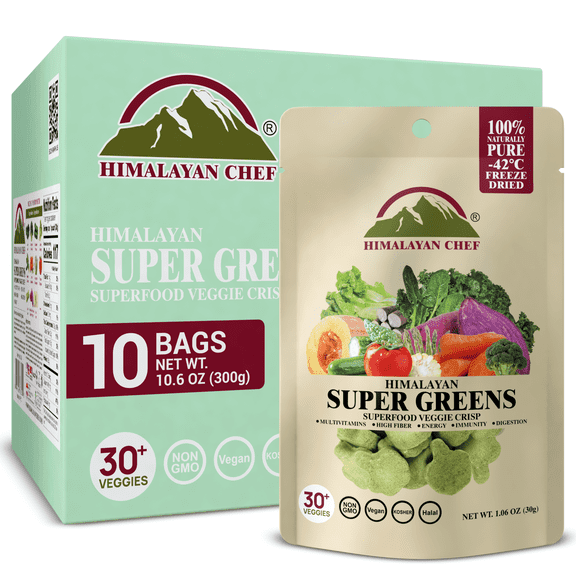 Himalayan Chef Super Greens Veggie Crisp 30g each | Freeze-Dried Superfood Snack | 30  Organic Green Veggie Mix | Protein-Rich, Nutrient-Packed, Gluten-Free | 10 Pack
