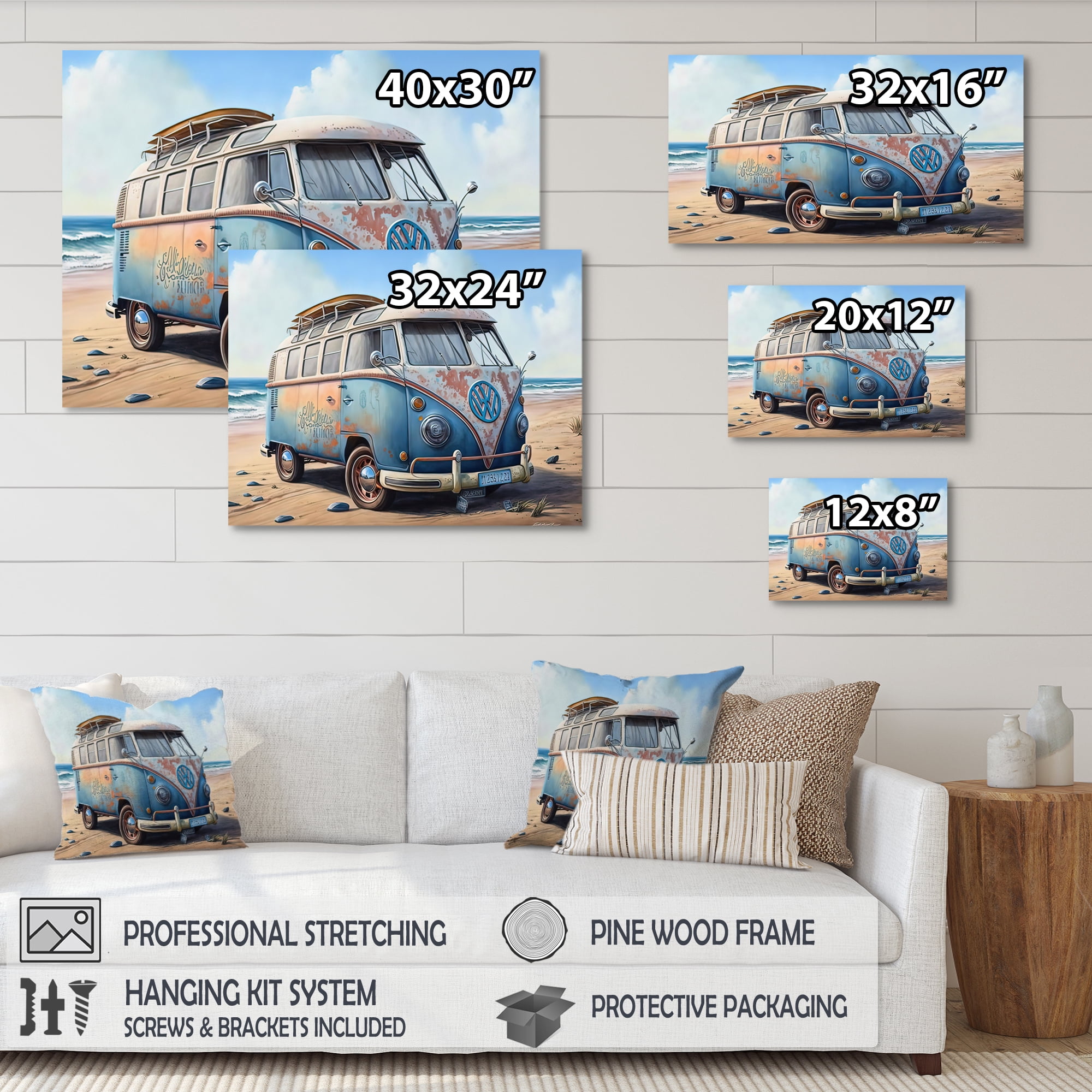 Designart 70S Surfing Van At The Beach III Canvas Wall Art