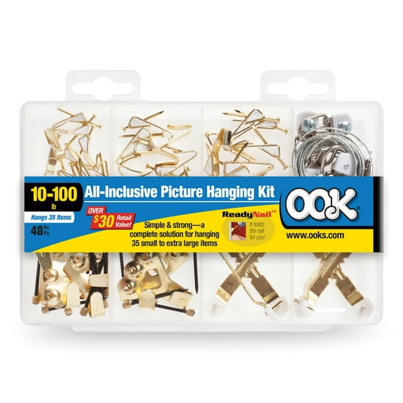 Ook Professional Picture Hanging Kit, ReadyNail, 1-100 lbs, Steel, Brass, Gold, 48 pack
