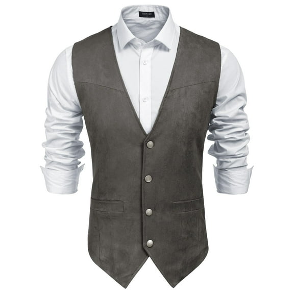 COOFANDY Men's Suede Leather Suit Vest Casual Western Vest Jacket Slim Fit Cowboy Waistcoat