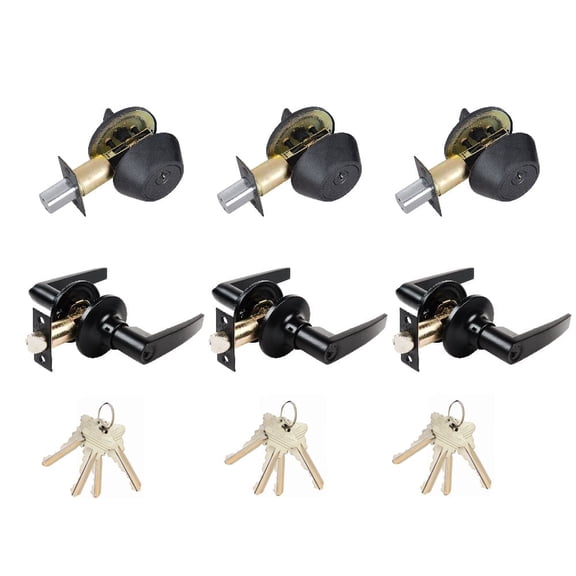 Matte Black Entry Door Handle Combo Lock Set with Deadbolt and 12 SC1 Keys Total (3-Pack, Keyed Alike)