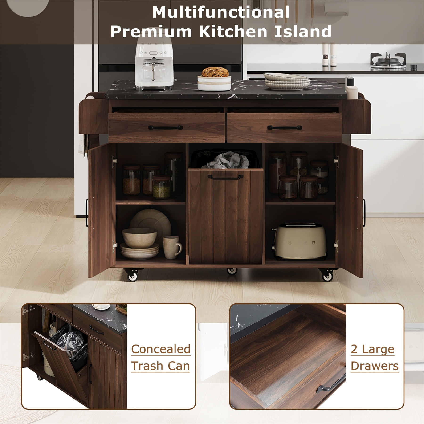 Alvantor Kitchen Island Carts with Trash Can, Rolling Buffet Cabinet with Drop Leaf,Spice Rack and Towel Rack for Dining Room Living Room Walnut