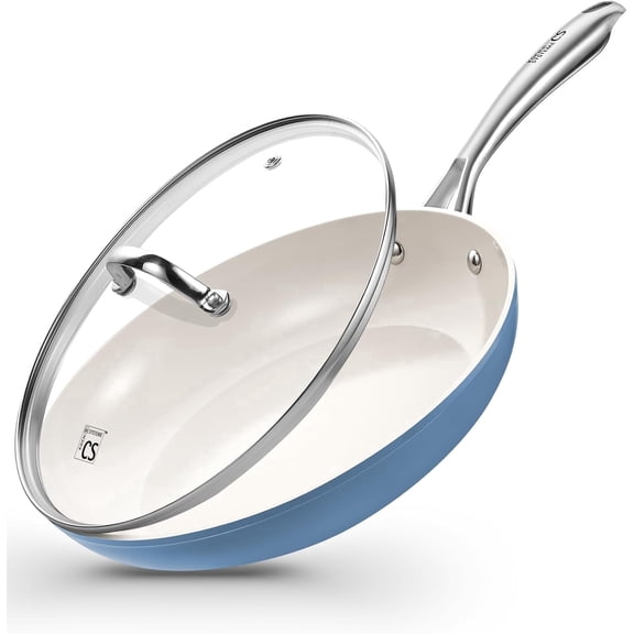 Koch Systeme CS 10 inch Ceramic Coating Frying Pan with Lid, Nonstick Skillets with Stainless Steel Handle, Even Heat, Oven and Dishwasher Safe, Blue