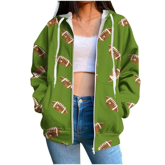 Football Coat for Women Game Day Zip Up Jacket Drawstring Hoodie Hooded Sweatshirt Long Sleeve Outwear with Pockets