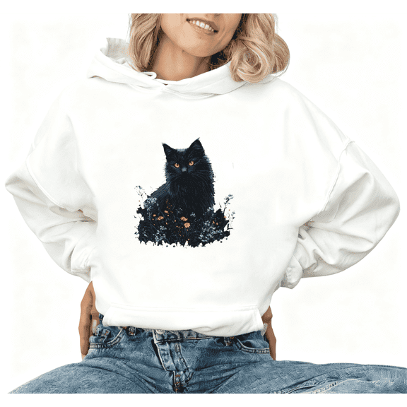 Cute Black Cat Print Hoodie Graphic Sweatshirt White S-2XL Casual Tops