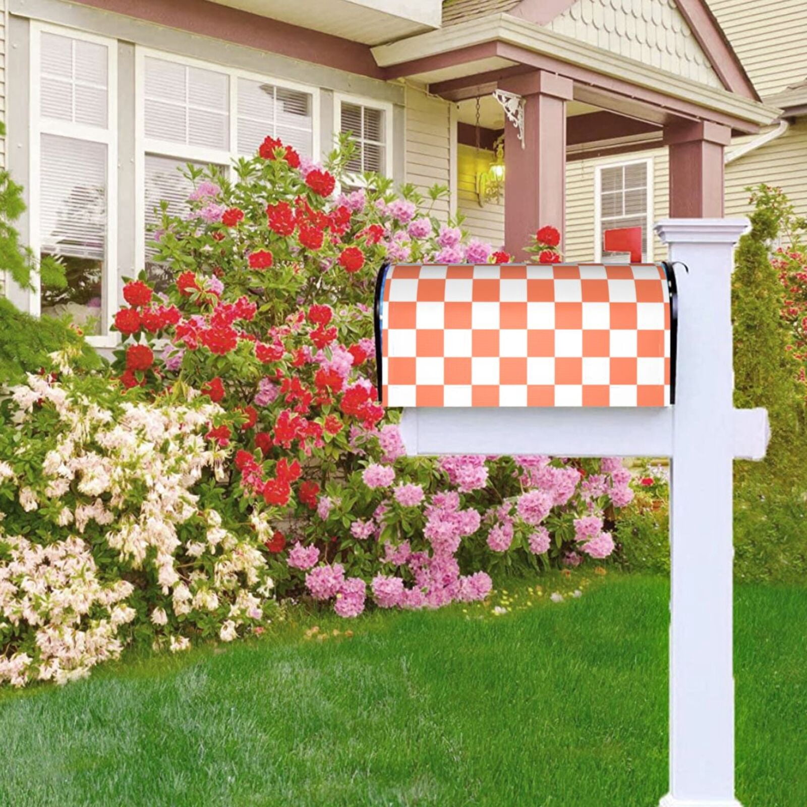 Mailbox Covers, white orange squares checkerboard Welcome Mailbox Cover Magnetic Extra Large Size 25.5" x 21", Decorative Mailbox Covers Post Letter Box Wrap Cover Decor for Outdoors