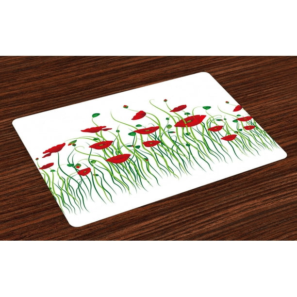 Poppy Placemats Set of 4 Scarlet Flowers and Buds on a Rural Field