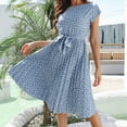 thumbnail image 4 of Summer Saving Wycnly Womens Dresses Short Sleeve Round Neck Floral Knee-Length Summer Dress Tie Waist Pleated Swing Midi Beach Dresses Light Blue Up to 65% off, 4 of 6