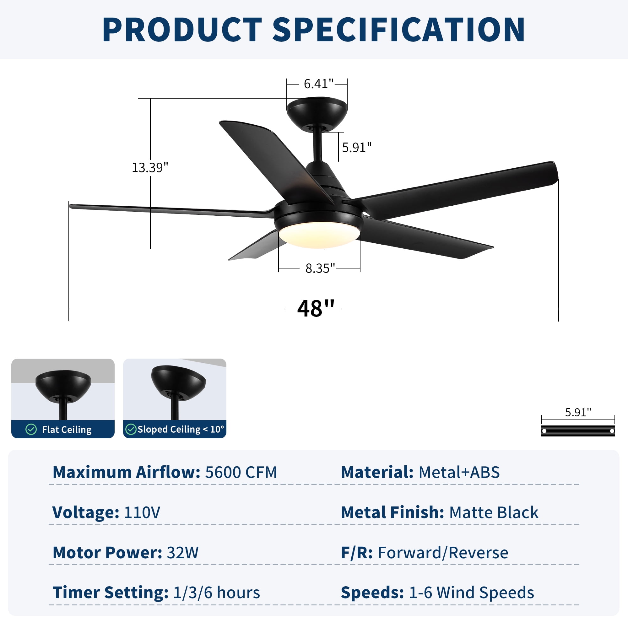 Leumius 48" Ceiling Fan with Lights and Remote Control, Matte Black Modern Ceiling Fan, Reversible DC Motor, 6 Speeds, 3 CCT Dimmable LED, Quiet Timer for Bedroom Living Room Indoor