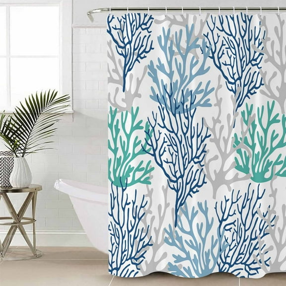 Blue Teal Grey Coral Coastal Waterproof Fabric Shower Curtain, Summer Beach Nautical Ocean Shower Curtain for Bathroom Curtains Bathtubs Hotel Washable Shower Curtains with 12 Hooks Extra Long 72x84
