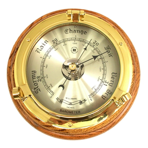 Lacquered Brass Porthole Barometer on Oak Wood.